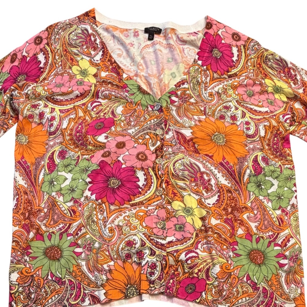 Talbots 1X Petite Cardigan Floral Paisley Button Front V-Neck Retro Cotton Rayon